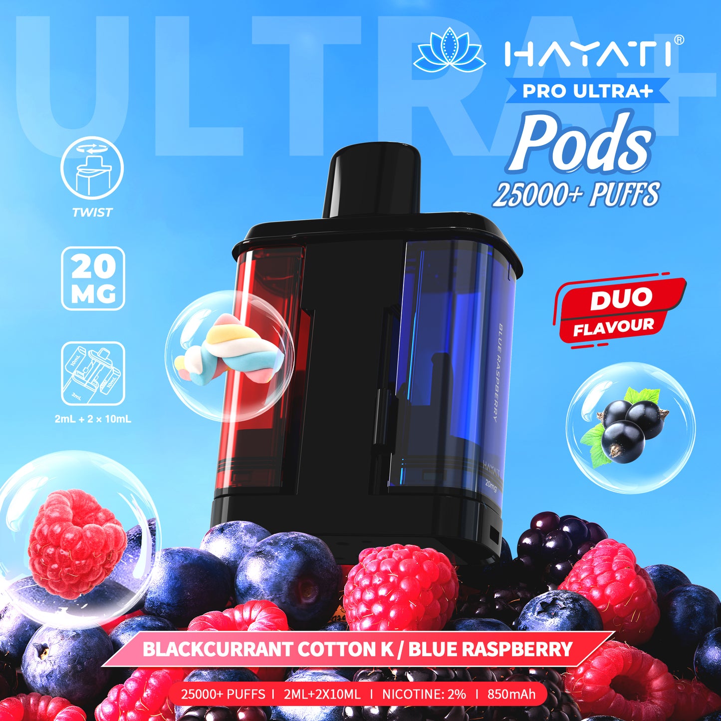 HAYATI PRO ULTRA PLUS PODS BLACKCURRANT COTTON K / BLUE RASPBERRY 25000 Puffs