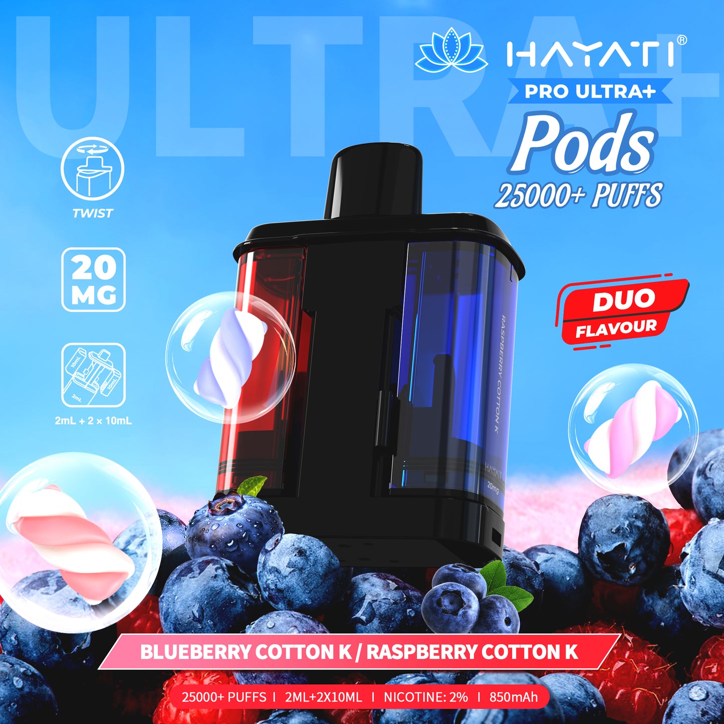 HAYATI PRO ULTRA PLUS PODS BLUEBERRY COTTON K / RASPBERRY COTTON K 25000 Puffs