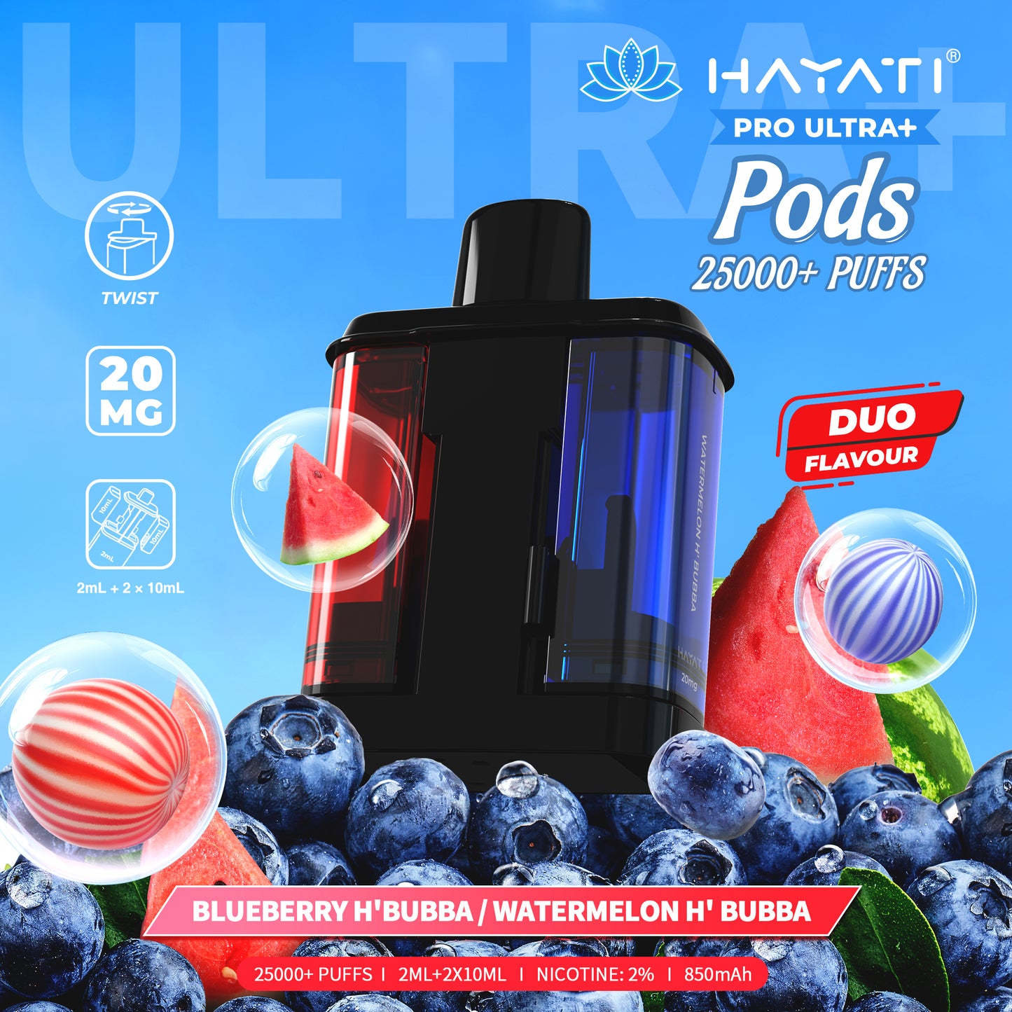 HAYATI PRO ULTRA PLUS PODS BLUEBERRY H'BUBBA / WATERMELON H'BUBBA 25000 Puffs
